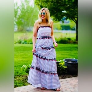 L’ATISTE Americana Red White Blue Striped Tassel Tiered Maxi Dress NWT